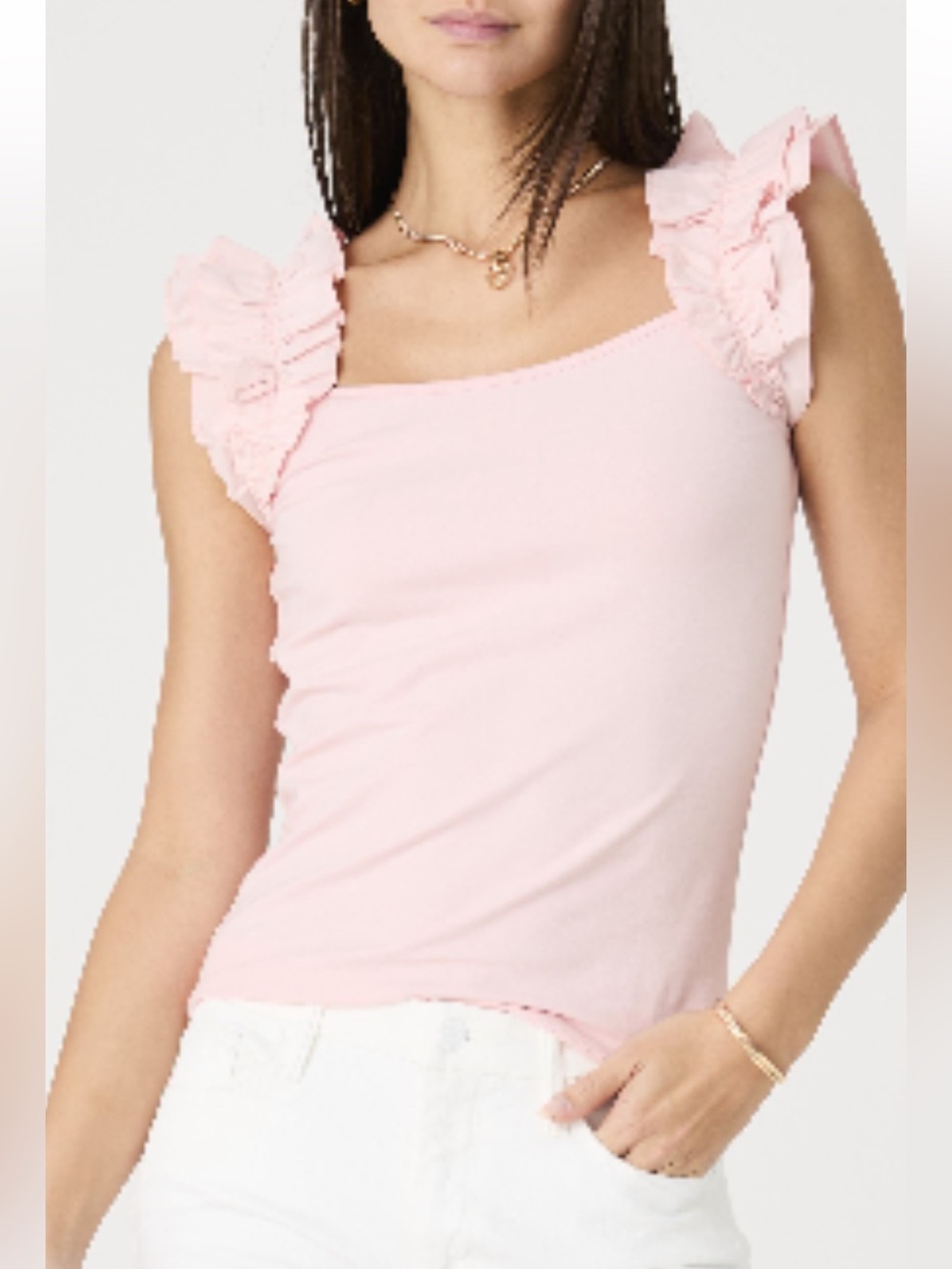 French Connection Women’s Rallie Ruffle Stretch Cotton Tank! In Pinky Promise